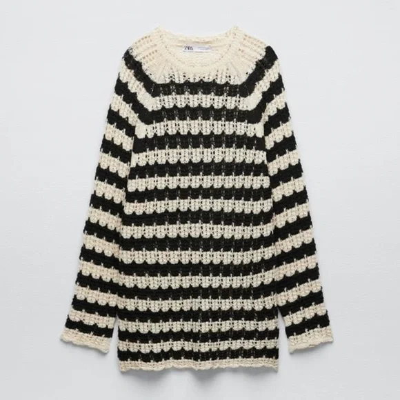 ZARA CROCHET STRIPED POINTELLE KNIT SWEATER DRESS Size Medium Mini dress - Picture 3 of 8
